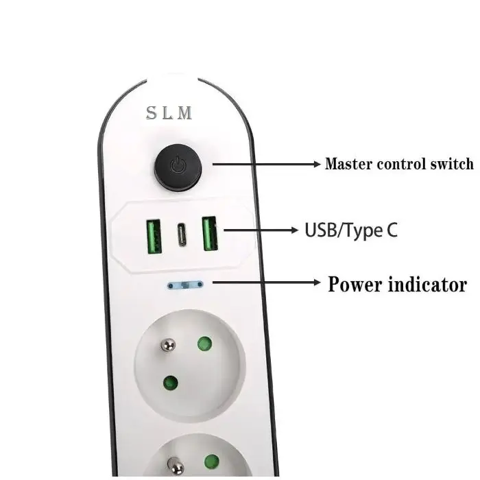 Multiprise avec 4 Prises & 2 Ports USB & Port USB-C