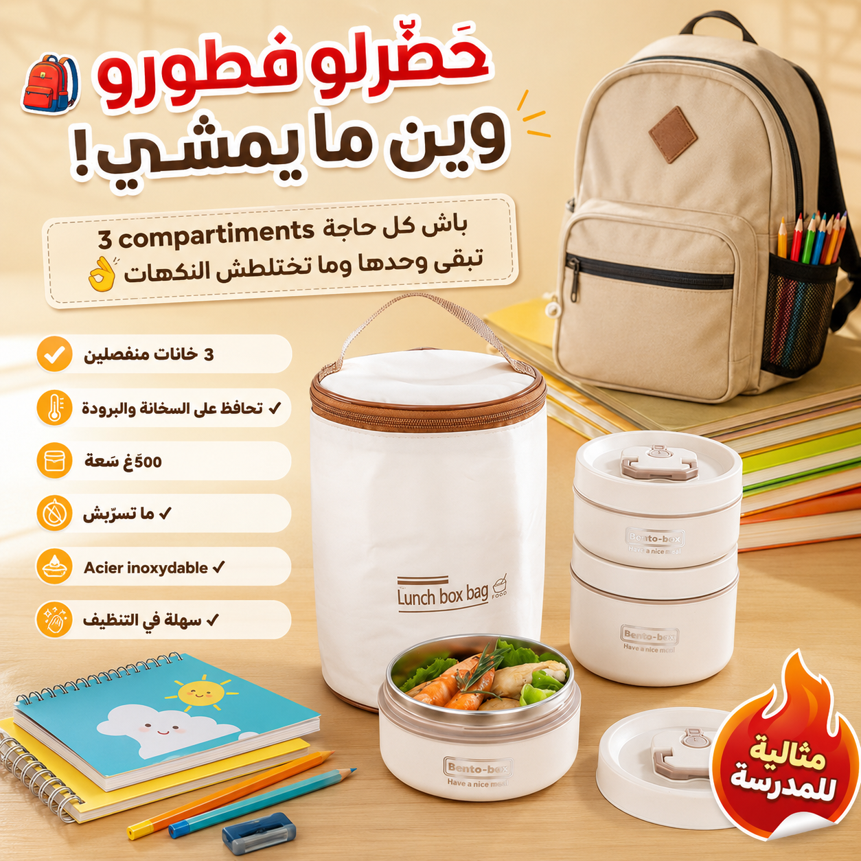 Ensemble lunch box a 3 compartiments
