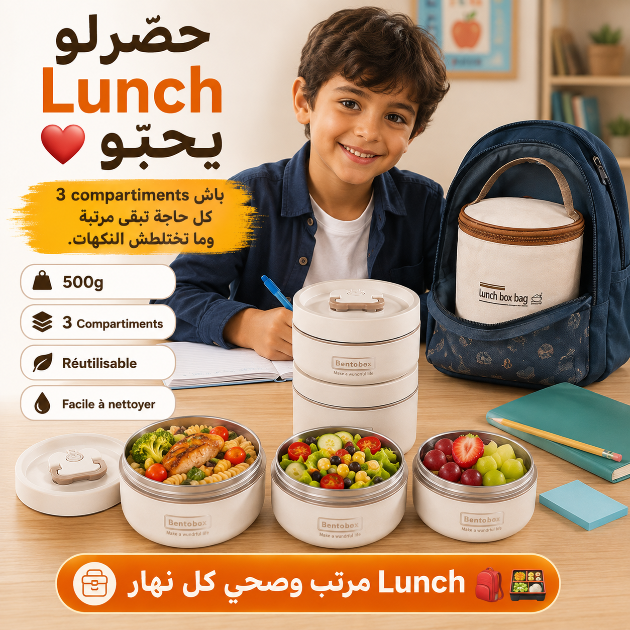 Ensemble lunch box a 3 compartiments